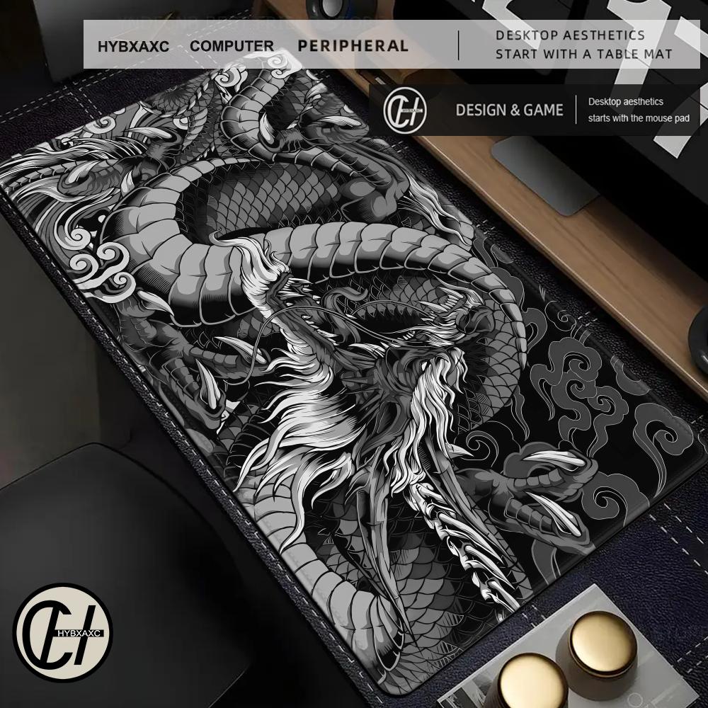 Tradescantia Purple - สีดําและสีขาวมังกรแผ่นรองเม้าส์ขนาดใหญ่ Gaming Mousepad ฐานยางขนาดใหญ่เมาส์ Pad สีม่วง